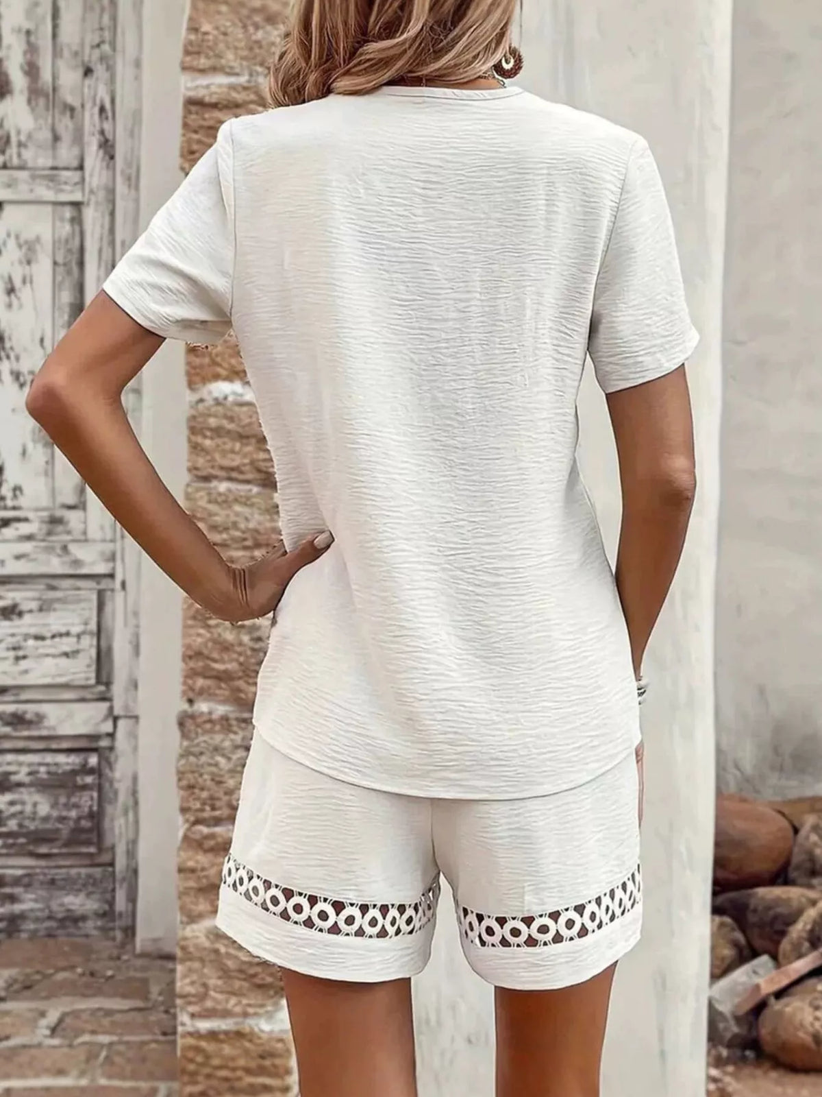 Lace Trim Short Sleeve Top and Shorts Set - White - View 3