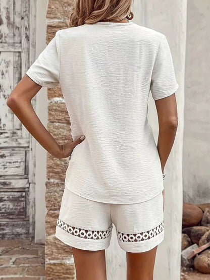 Lace Trim Short Sleeve Top and Shorts Set - White - View 3