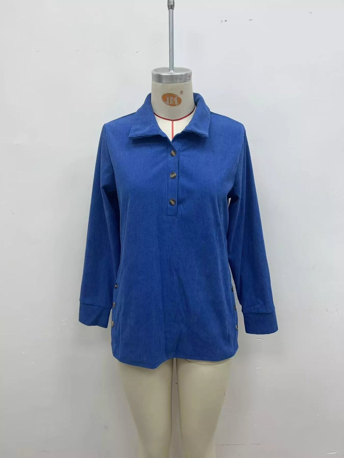 Full Size Button Detail Long Sleeve Top Plus Size - Royal Blue - View 2