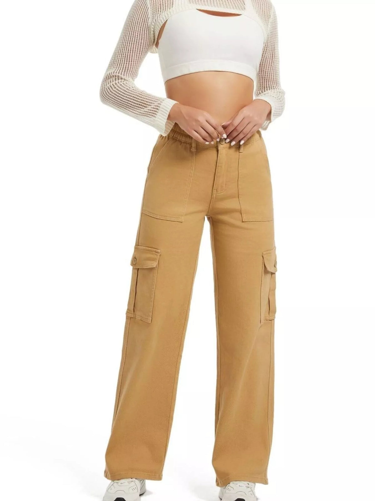High-Waisted Cargo Jeans - Khaki - View 2