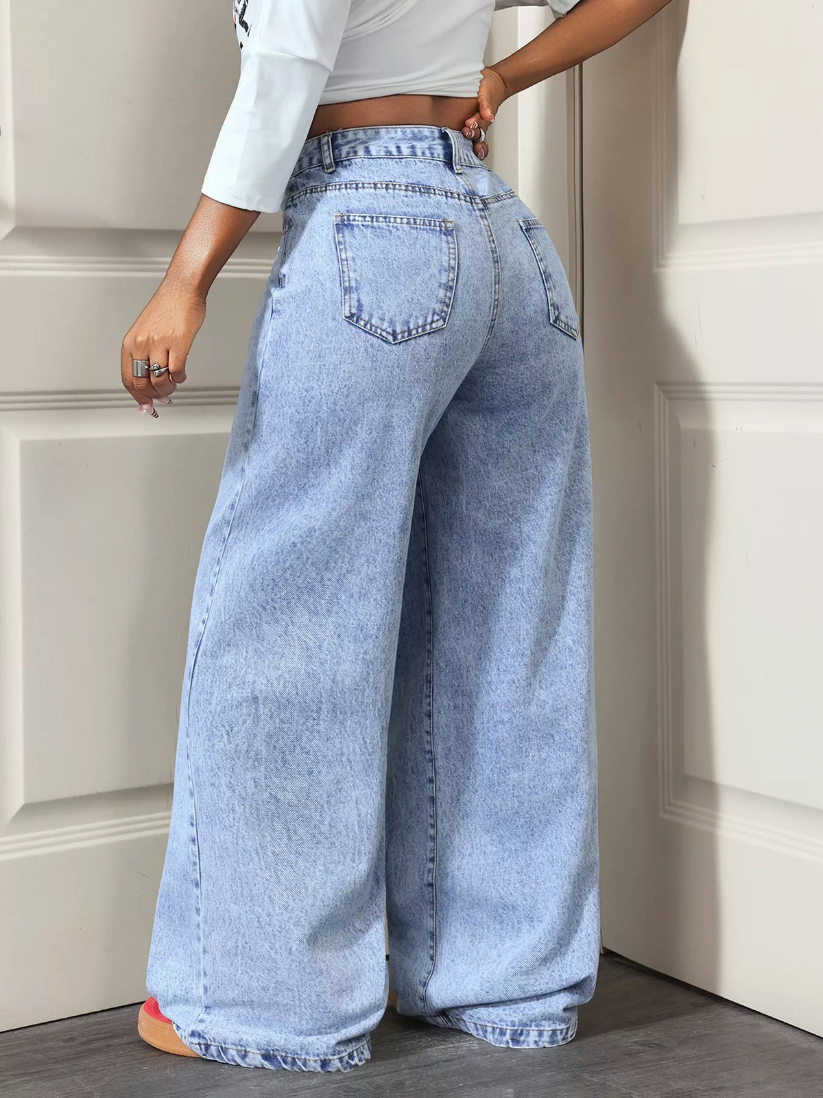 High-Waisted Asymmetric Wrap Wide-Leg Jeans - Blue - View 5