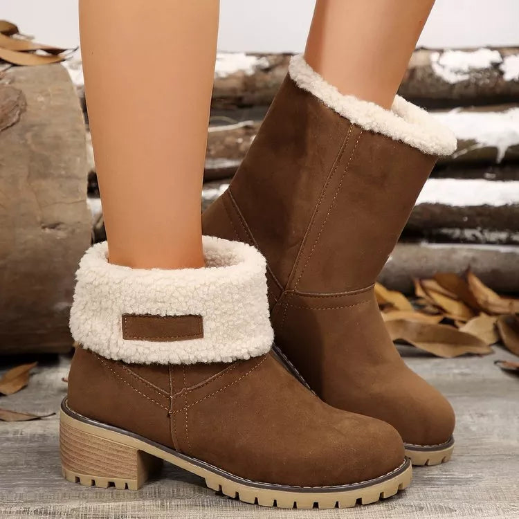 Round Toe Block Heels Boots - Khaki - View 9