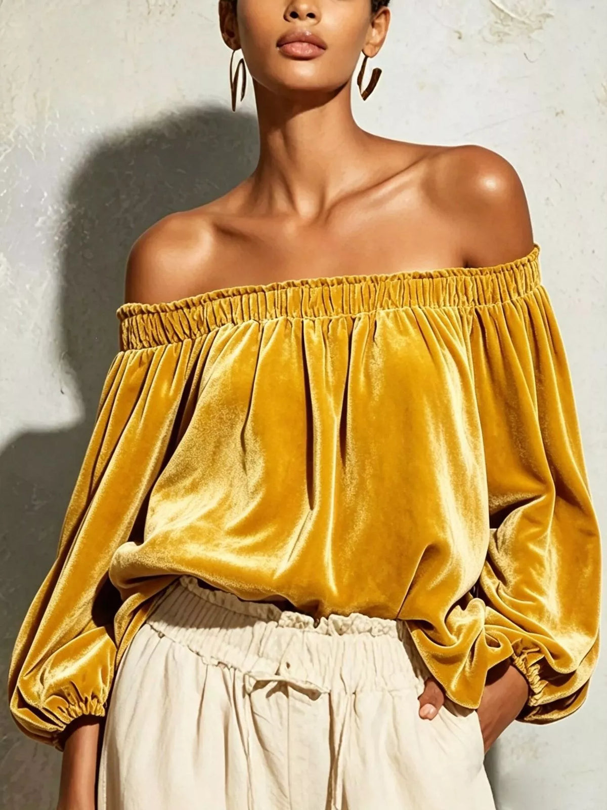 Off-Shoulder Velvet Long Sleeve T-Shirt - Mustard - View 1