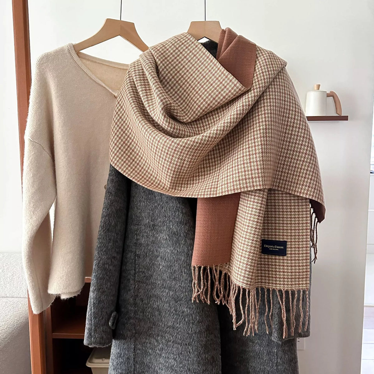 Plaid Fringe Warm Winter Scarf - Tan - View 1