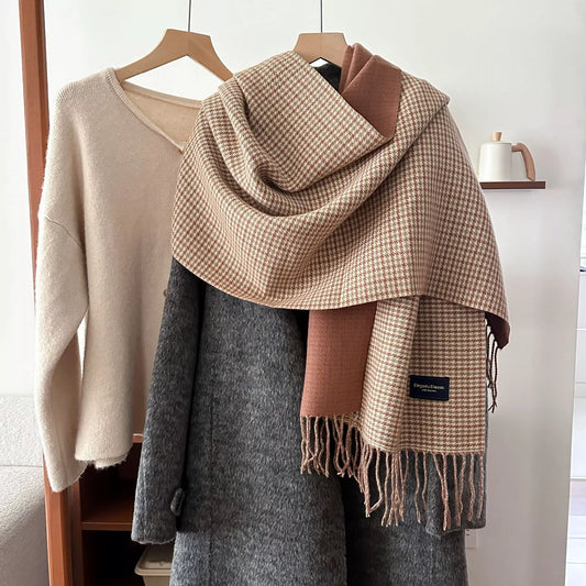 Plaid Fringe Warm Winter Scarf - Tan - View 1