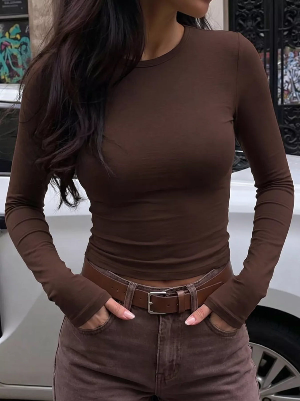 Slim Fit Long Sleeve Crew Neck Basic T-Shirt - Brown - View 1