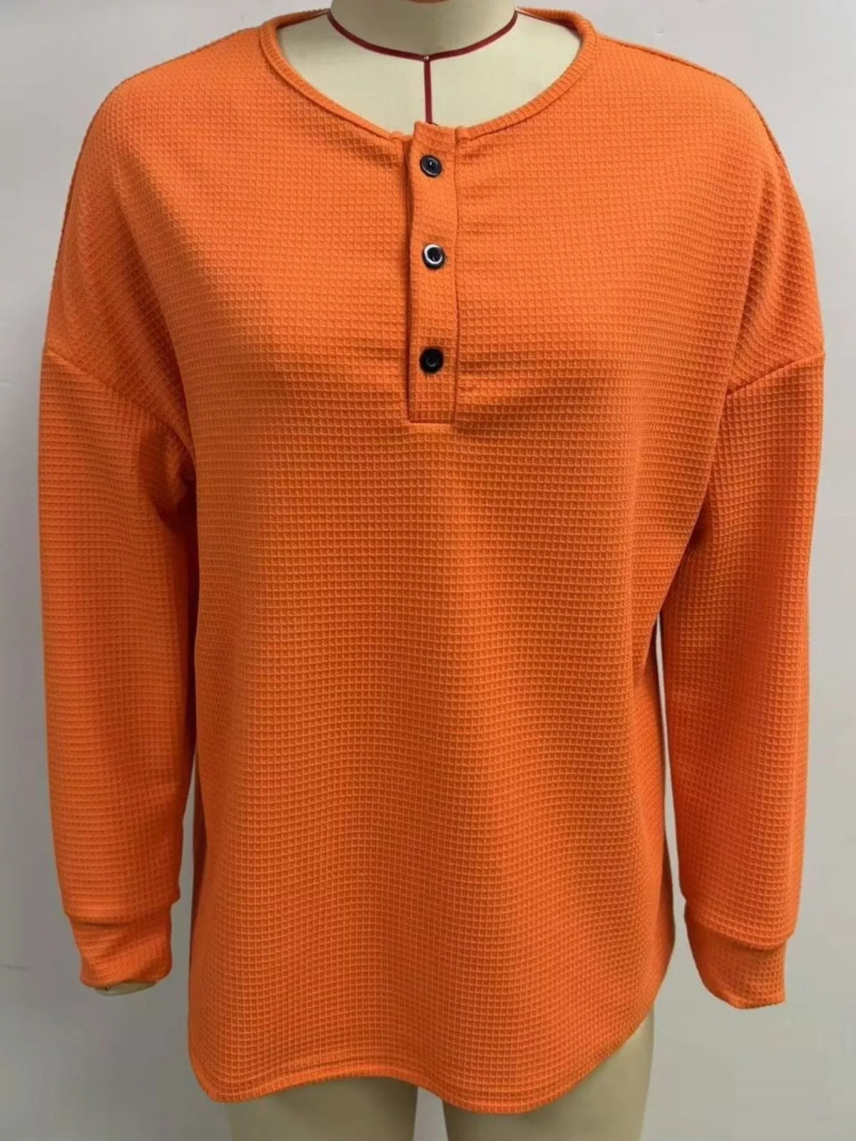Full Size Waffle Knit Button Detail Top Plus Size - Orange - View 2