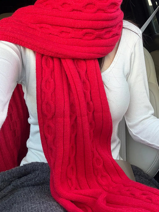 Textured Knit Winter Scarf - Red - View 1