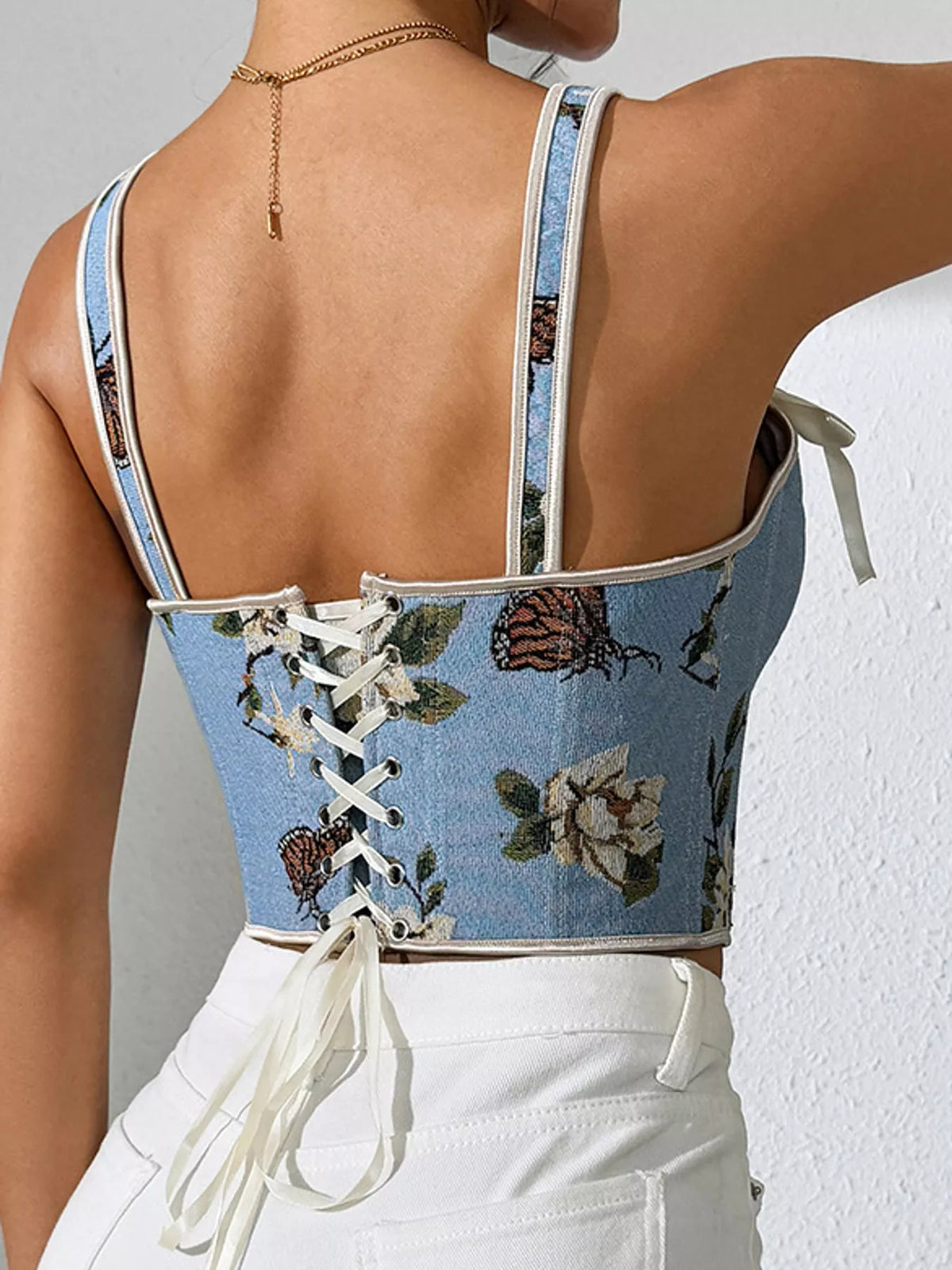 Floral Lace Up Back Tank - Light Blue - View 9