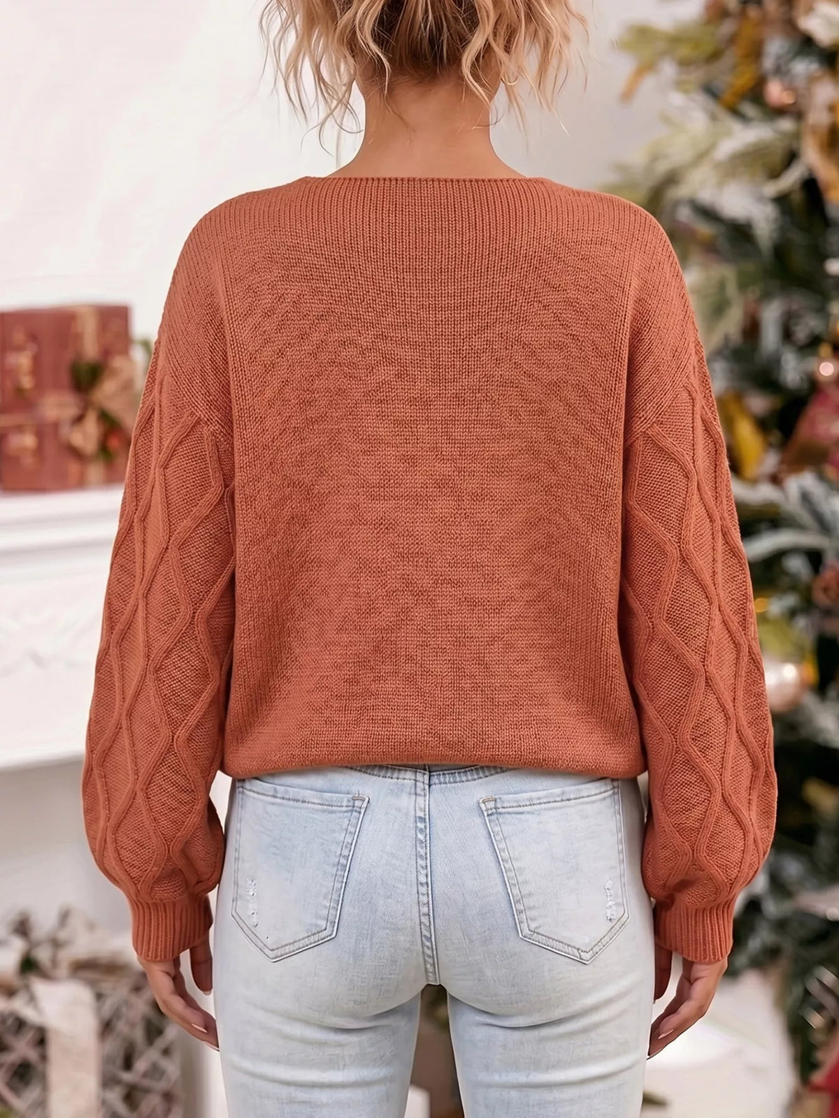 Snowflake Textured V-Neck Sweater - Brown - View 4