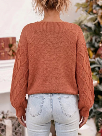 Snowflake Textured V-Neck Sweater - Brown - View 4