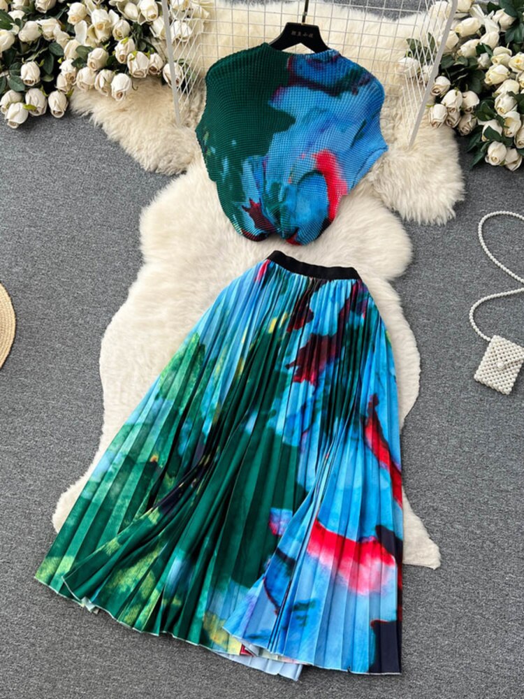 [EWQ] Elegant Short sleeved women's shirt+high waisted pleated skirt trend  2-piece set Summer vacation party clothing