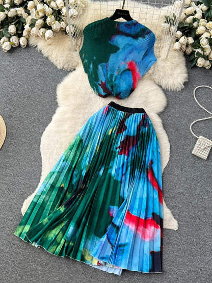[EWQ] Elegant Short sleeved women's shirt+high waisted pleated skirt trend  2-piece set Summer vacation party clothing