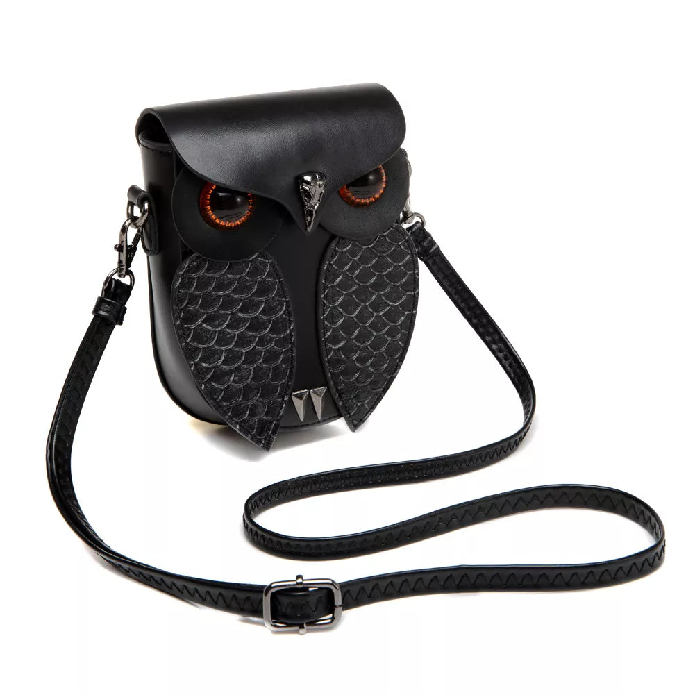 Owl Design Leather Crossbody Bag - Black - View 4