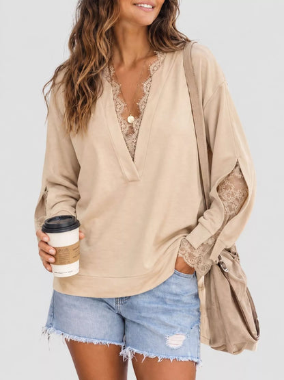 Lace Trim Split Sleeve Sweatshirt - Khaki - View 1