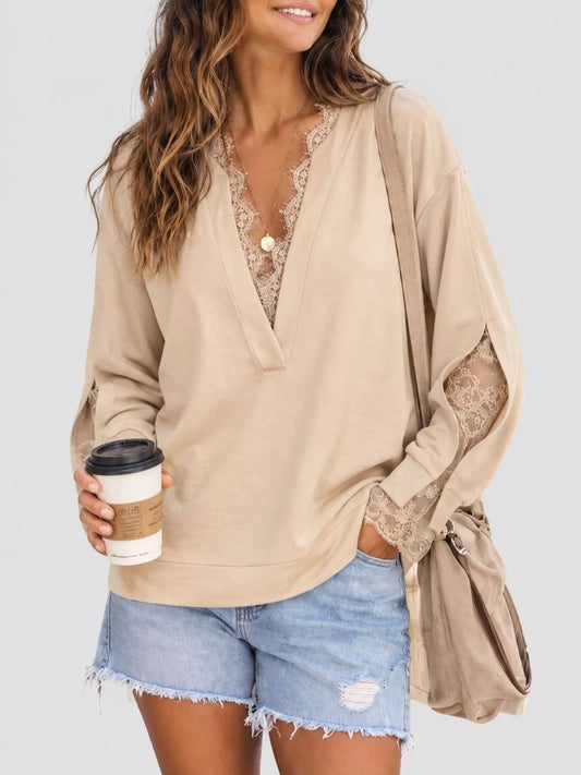 Lace Trim Split Sleeve Sweatshirt - Khaki - View 1