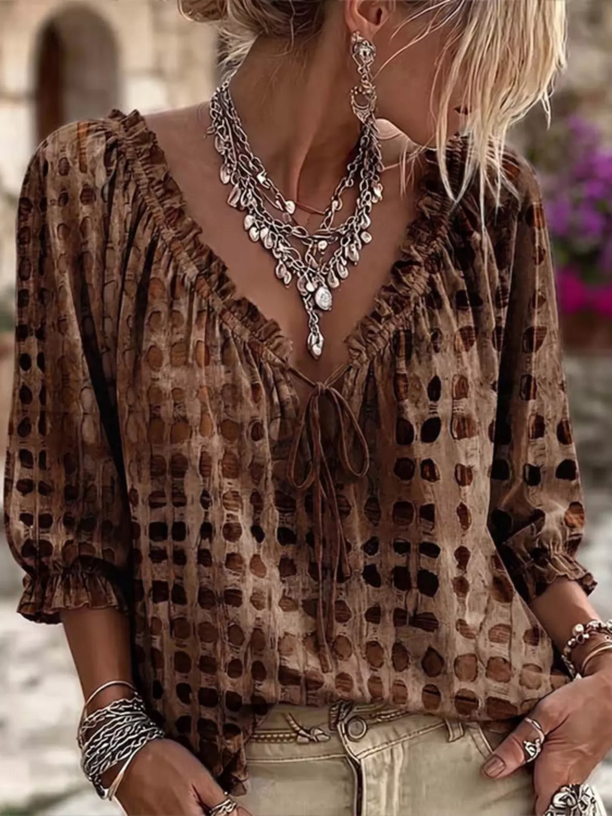 Full Size Tie Neck 3/4 Sleeve Blouse Plus Size - Caramel - View 7