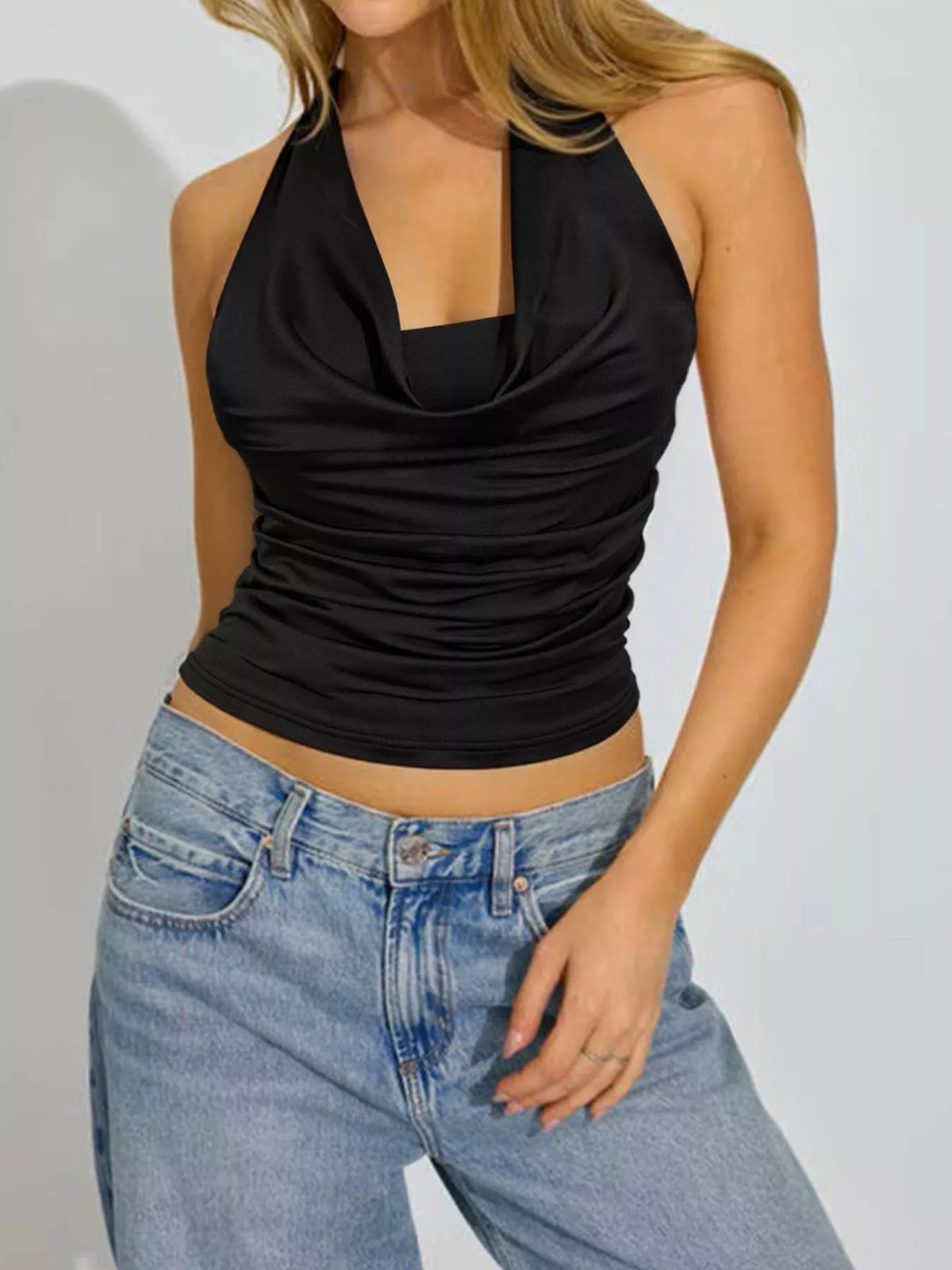 Halter Neck Ruched Cami - Black - View 3