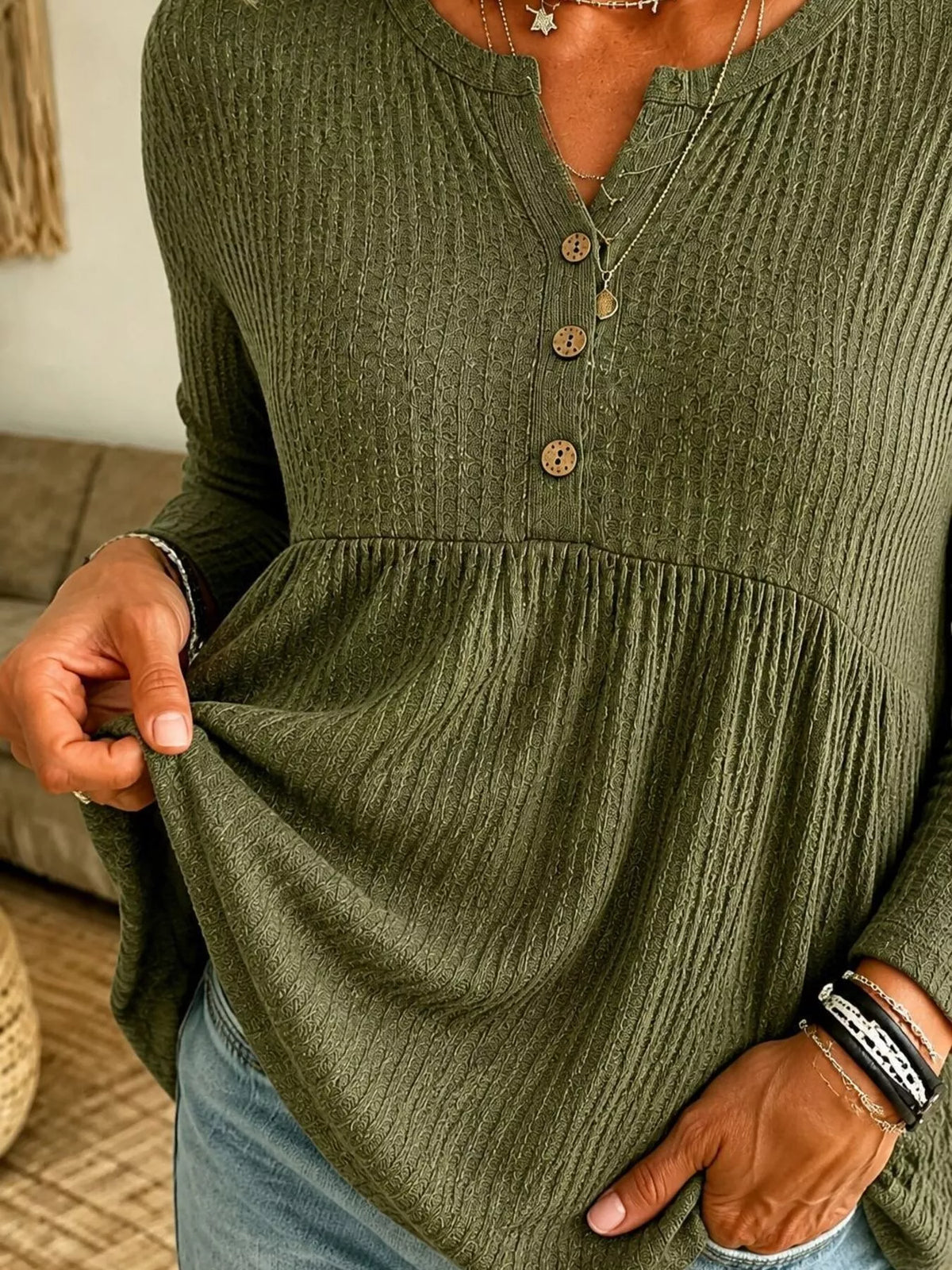 Button Detail Knitted Casual Top - Army Green - View 3