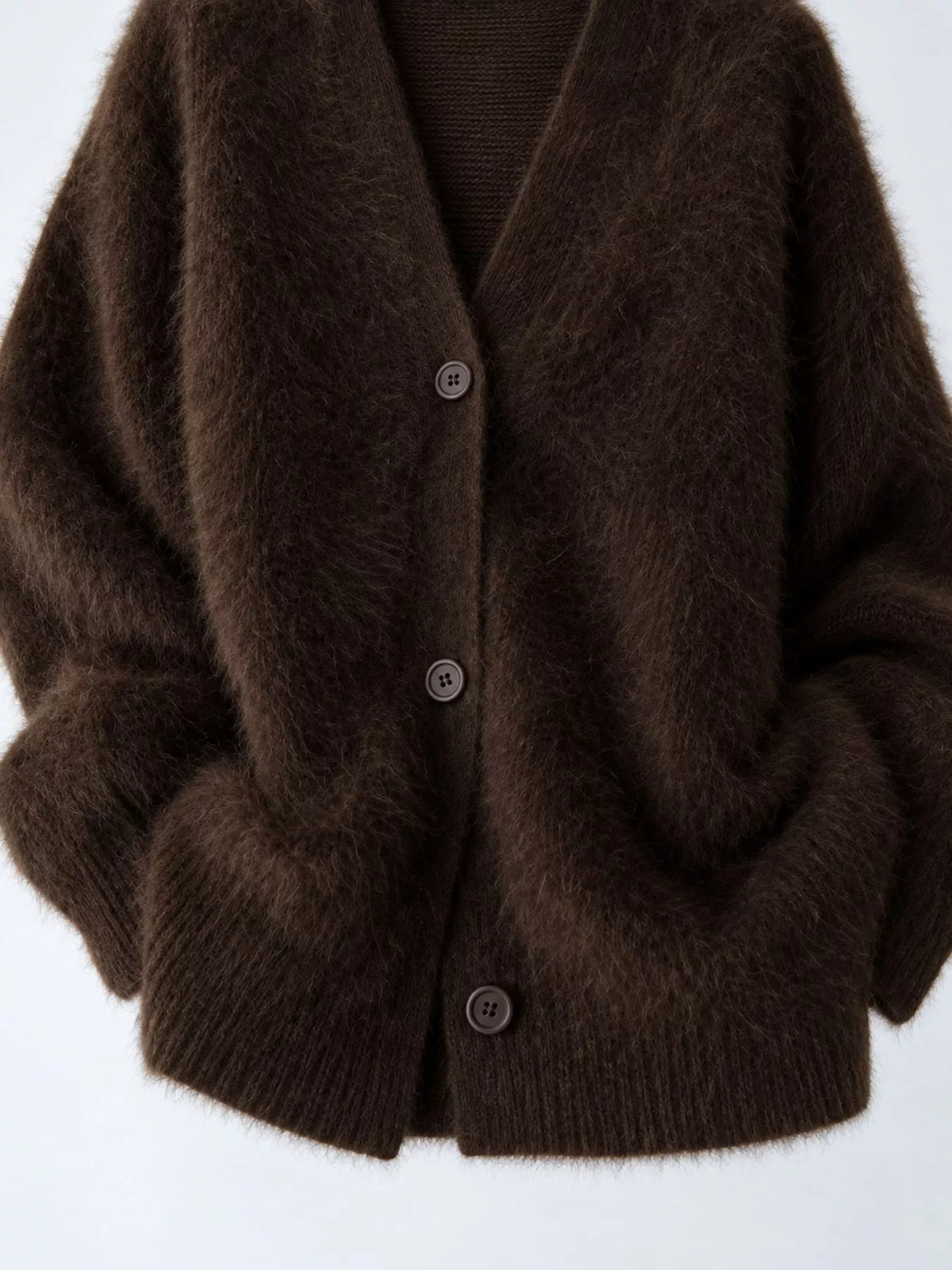 Fuzzy V-Neck Button-Down Cardigan - Coffee - View 21