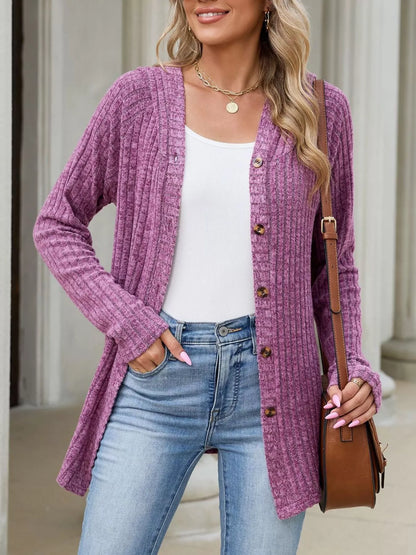 Ribbed Knit Hooded Button-Down Cardigan - Purple-red - View 4