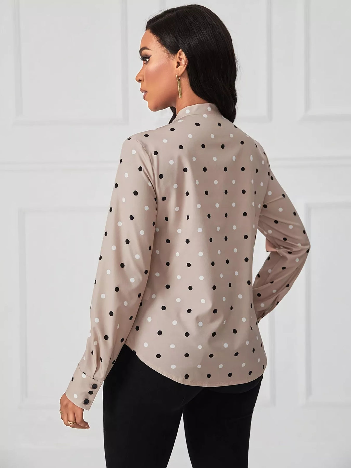 Polka Dot Tie Neck Blouse - Dust Storm - View 5