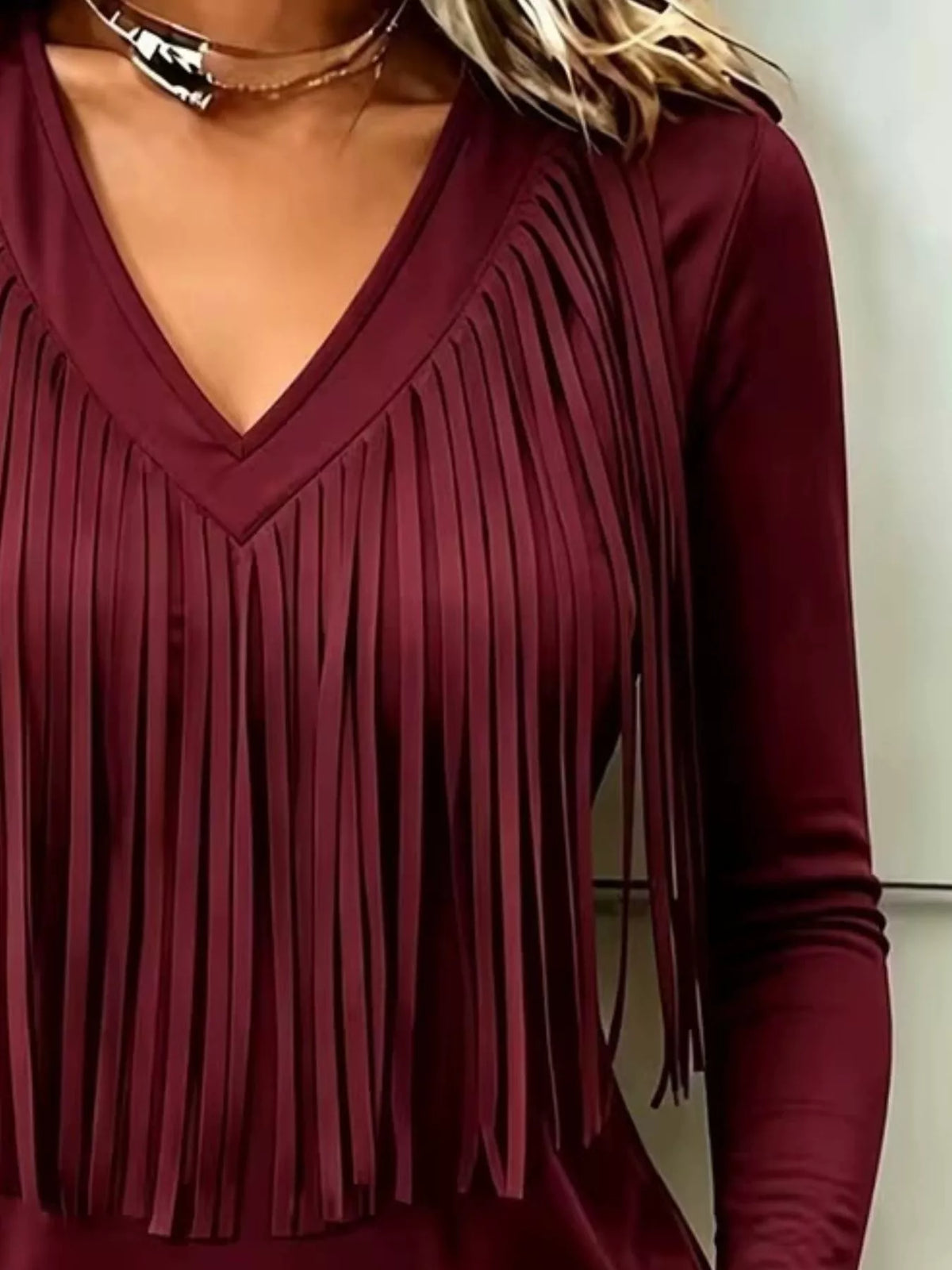 Fringe V-Neck Long Sleeve T-Shirt - Burgundy - View 2