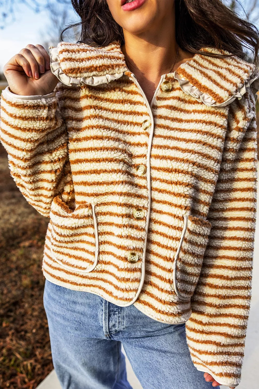 Striped Fleece Button Front Long Sleeve Regular Fit Jacket - Tan - View 5
