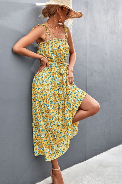 Floral Tie-Shoulder Belted Dress - Chartreuse - View 3