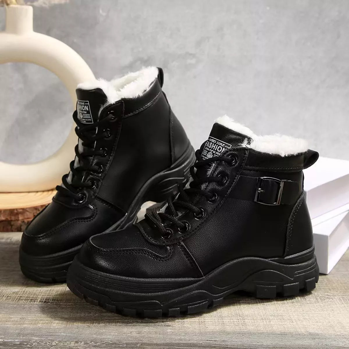 Lace-Up Ankle Boots with Buckle Detail - Black - View 2