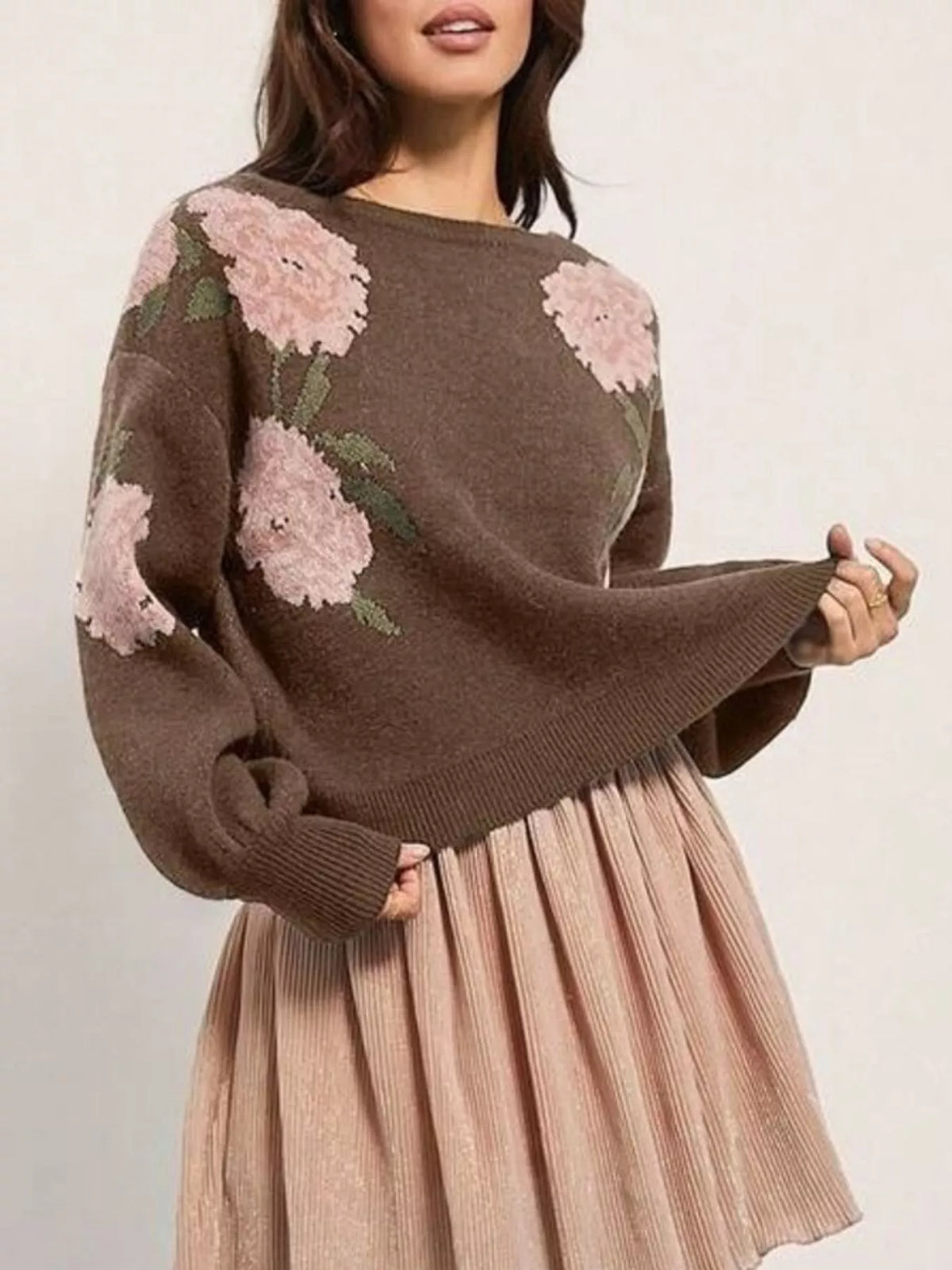 Floral Pattern Dropped Shoulder Sweater - Coffee Brown - View 8