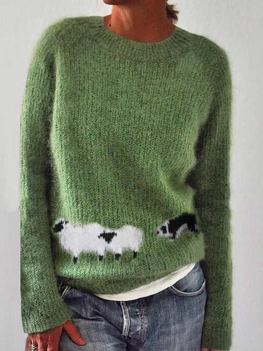 Full Size Sheep Pattern Round Neck Sweater Plus Size - Green - View 1