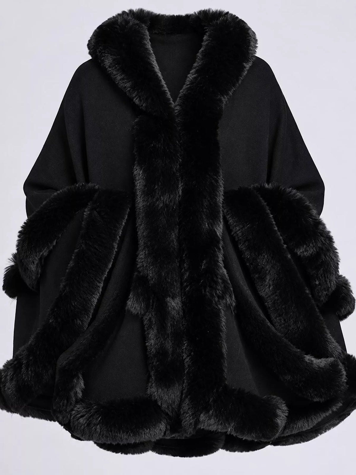 Faux Fur Trimmed Hooded Cape - Black - View 18