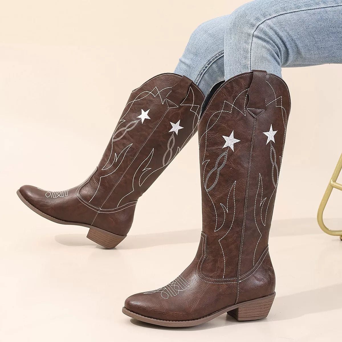 Western Star Embroidered Cowboy Boots - Coffee Color - View 7