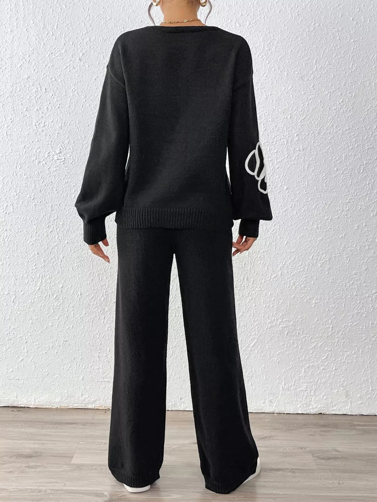 V-Neck Dropped Shoulder Top and Pants Sweater Set - Black - View 7