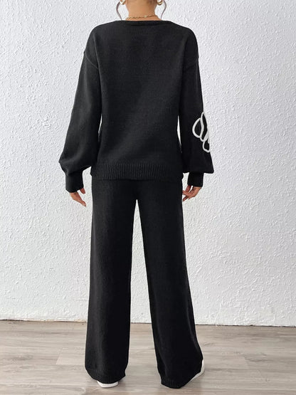 V-Neck Dropped Shoulder Top and Pants Sweater Set - Black - View 7