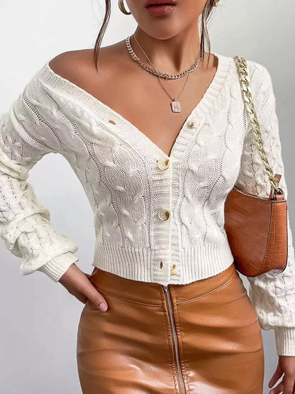 Cable Knit Button-Down Cardigan - Milky White - View 3