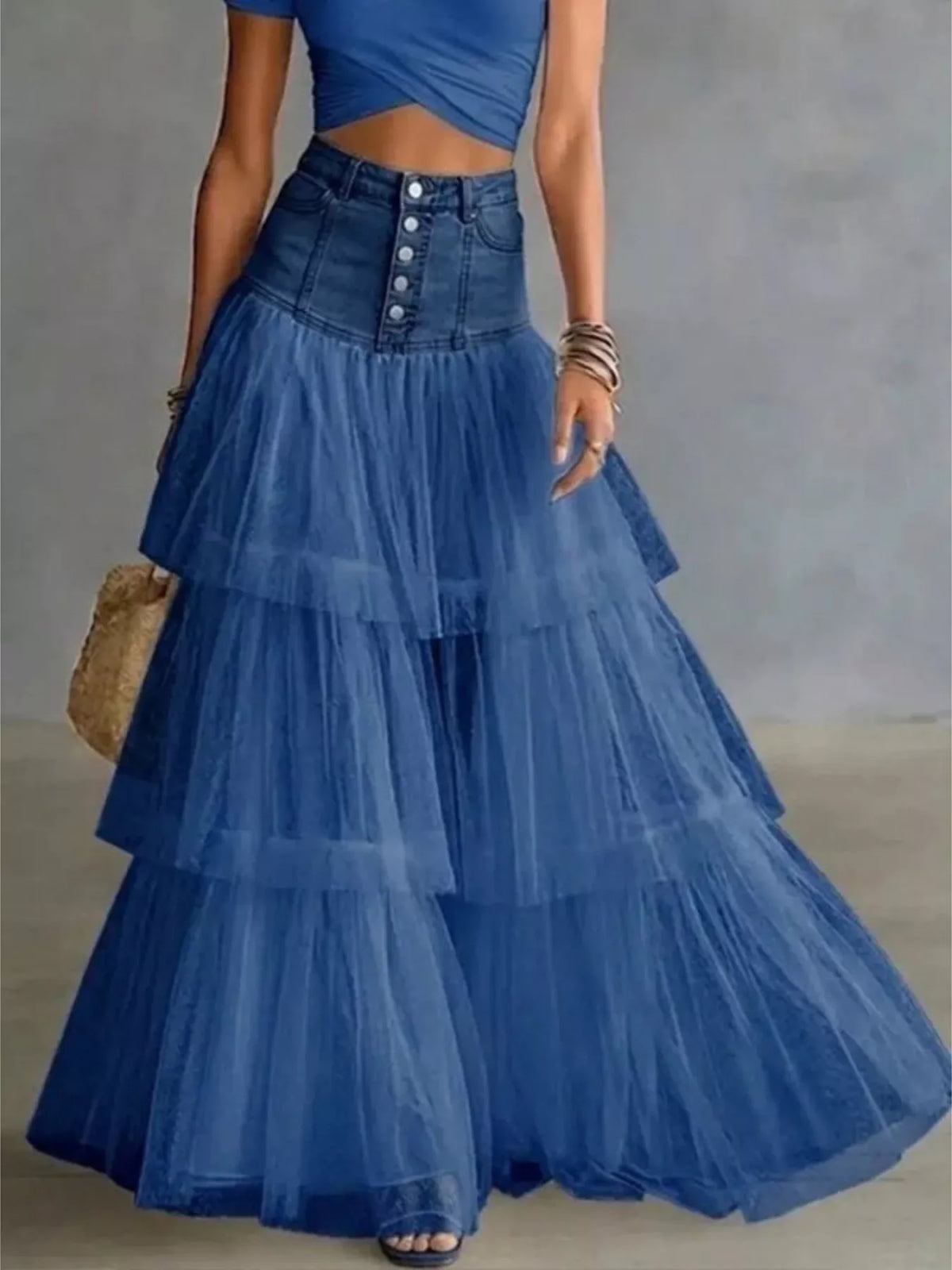 High-Waisted Button-Front Denim and Tulle Maxi Skirt - Peacock  Blue - View 4