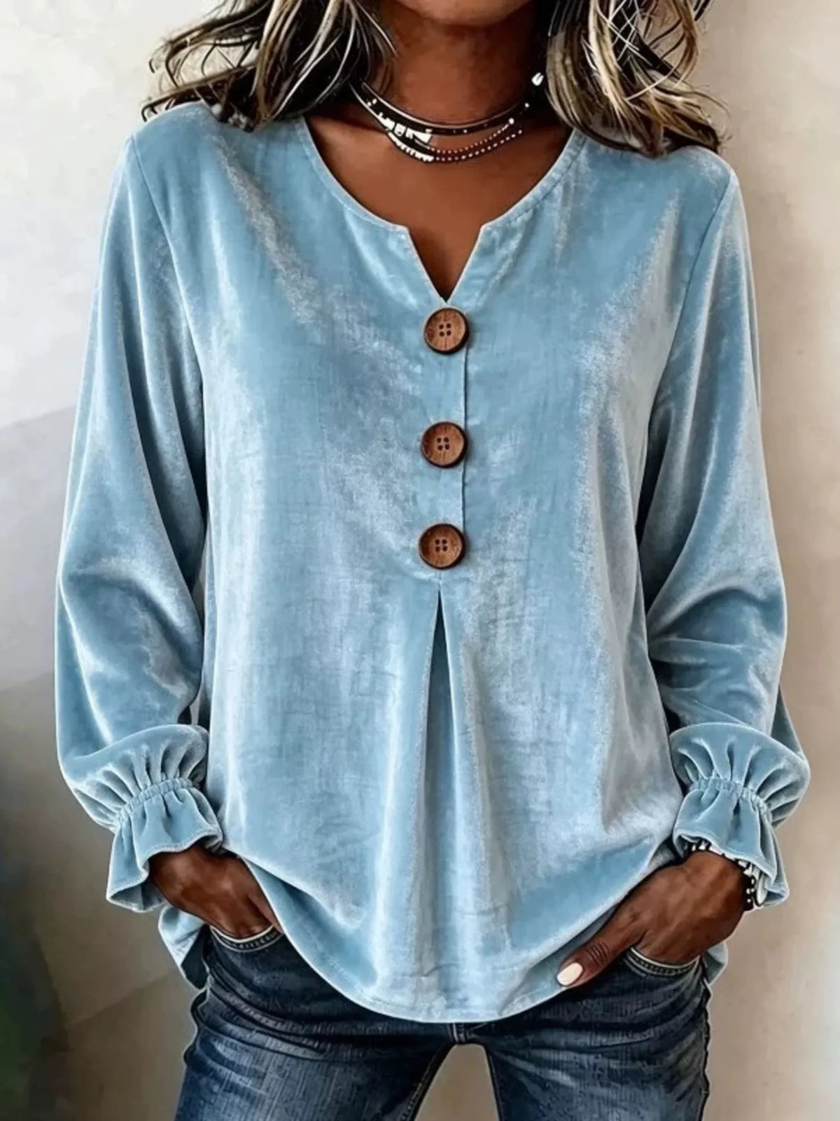 Velvet Flounce Sleeve Blouse - Sky Blue - View 1