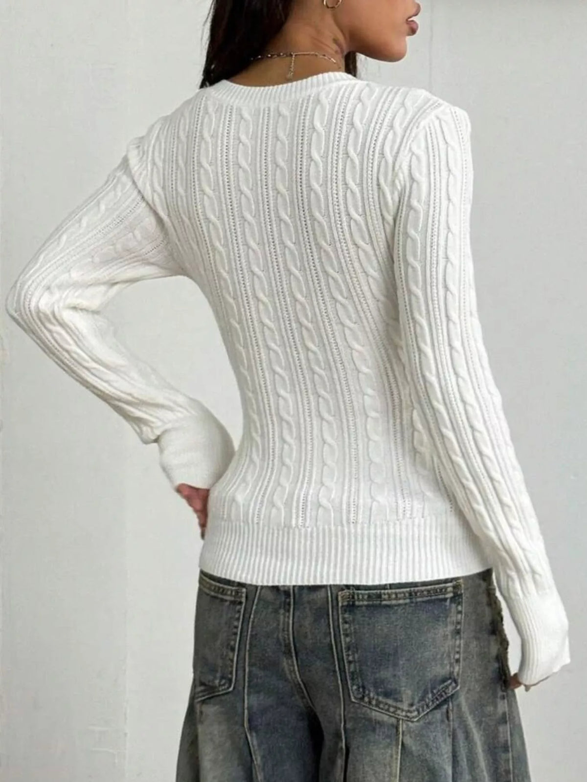 Slim-Fit Cable Knit Top - White - View 2