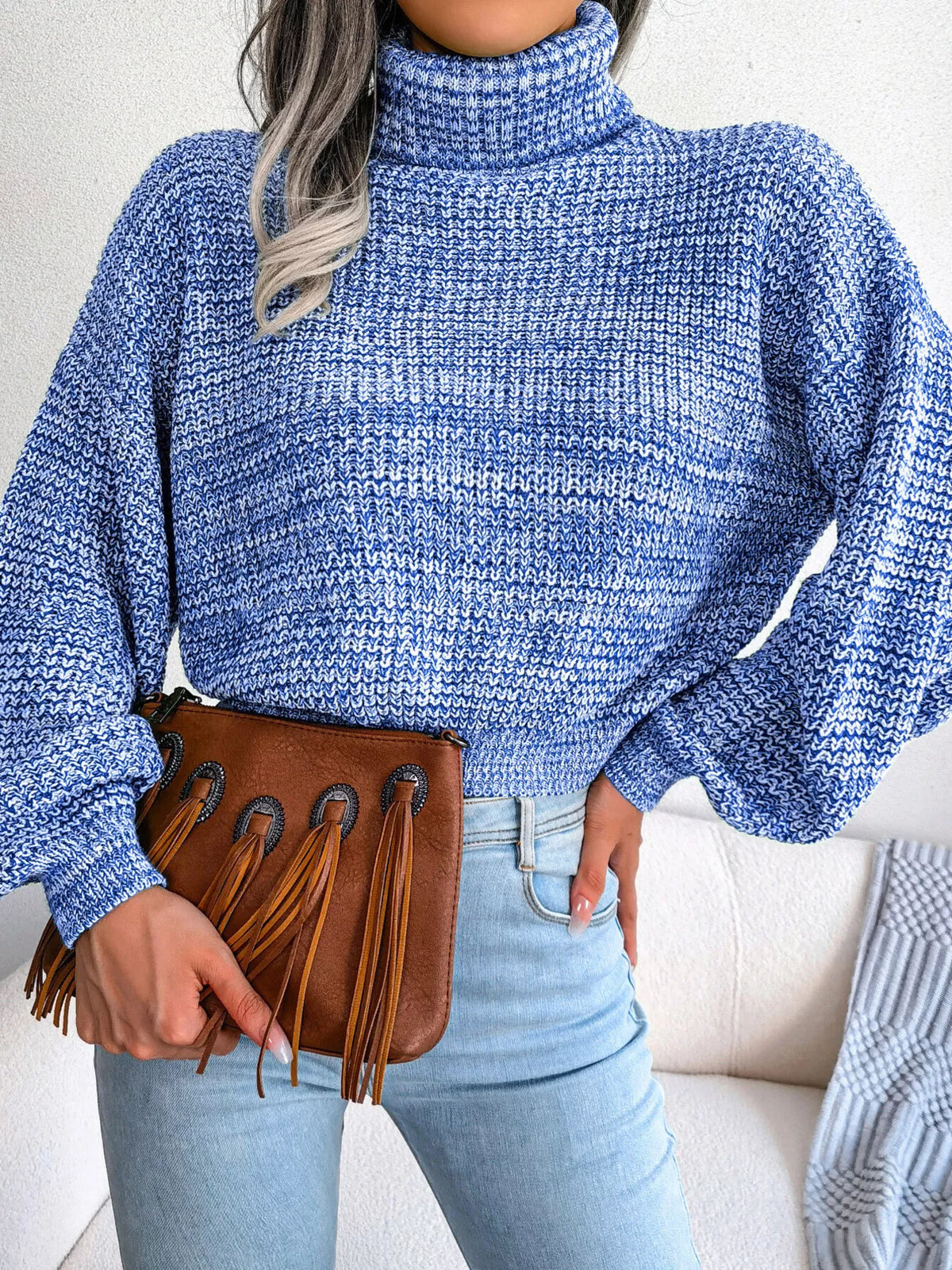 Turtleneck Dropped Shoulder Sweater - Light Blue - View 5