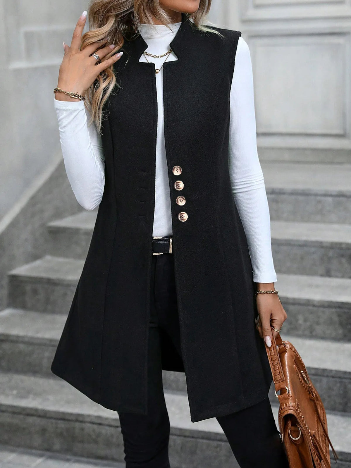 Button Up Longline Vest Coat - Black - View 7