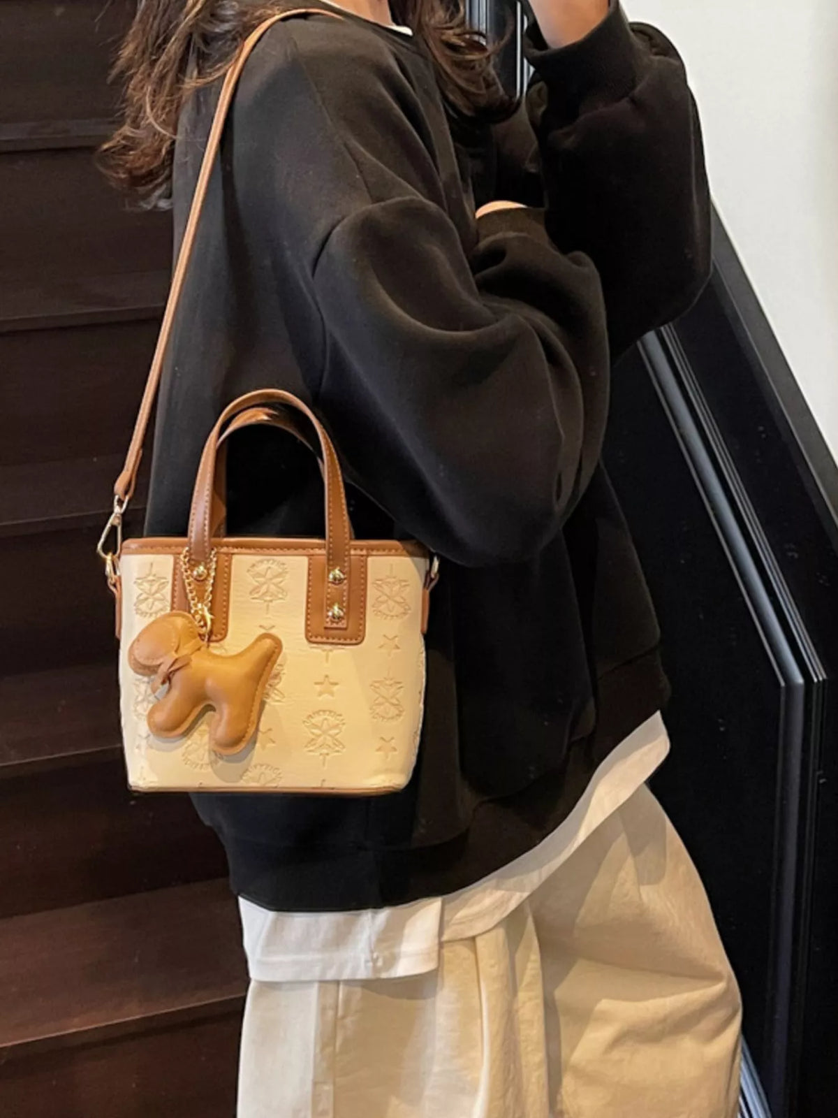 Embossed Pattern Dog Charm Crossbody Bag - Beige - View 5