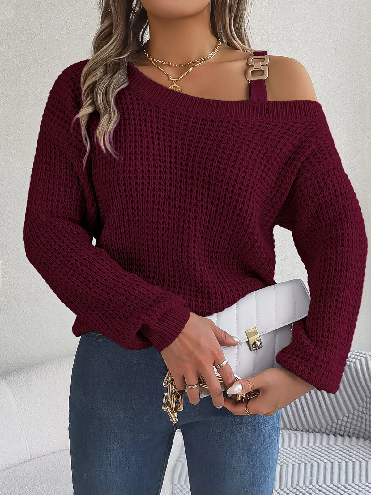 Asymmetrical Neck Long Sleeve Sweater - Burgundy - View 3