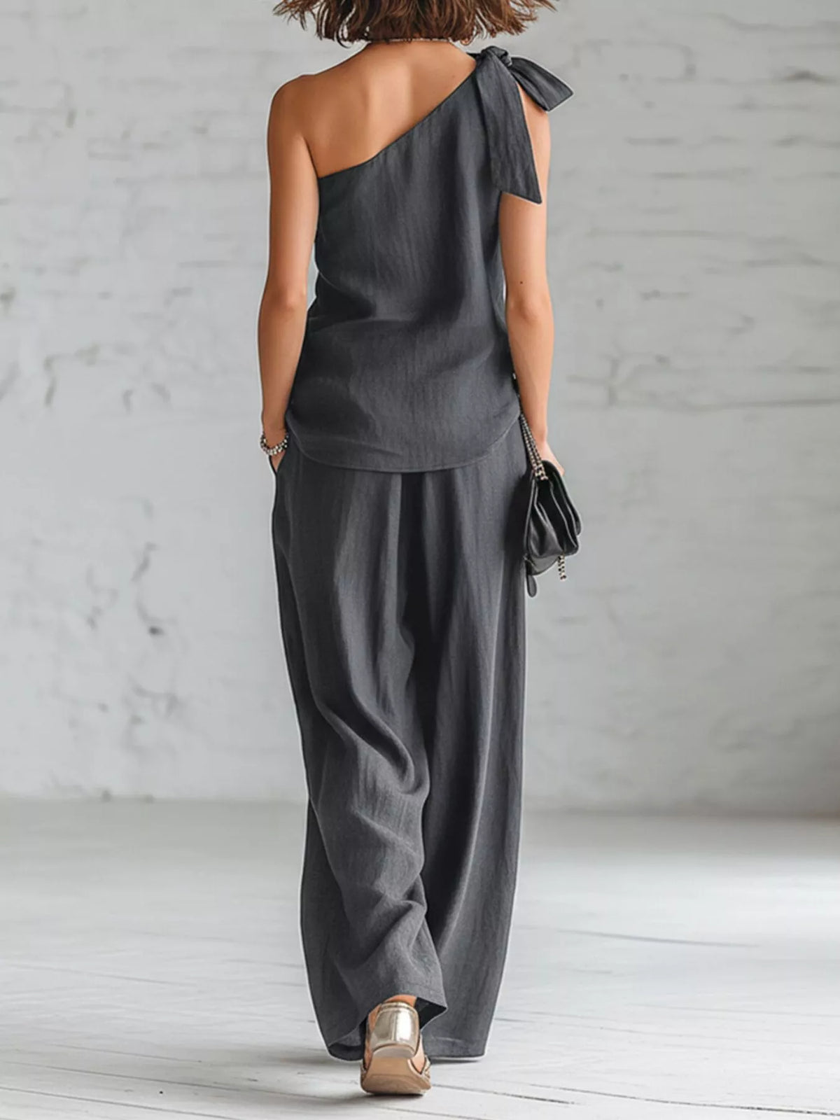 One-Shoulder Bow Tie Top and Wide-Leg Pants Casual Two-Piece Set - Gray - View 4