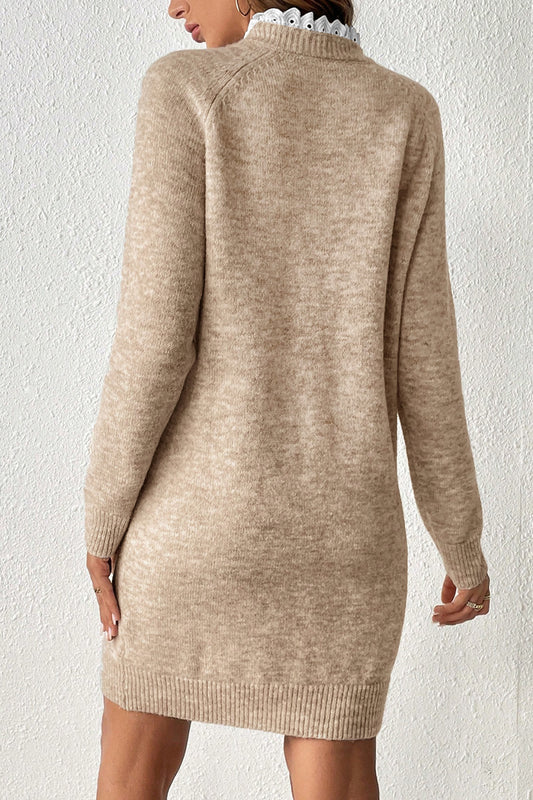 Parchment Button Lace Detail Raglan Sleeve Shift Mini Sweater Dress - Parchment - 2