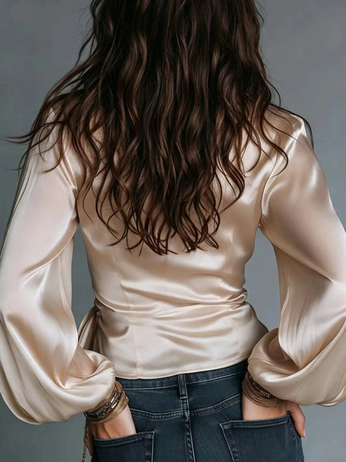 Satin Balloon Sleeve Blouse - Beige - View 3