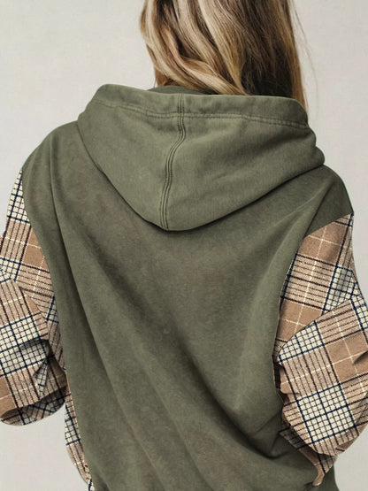 Plaid Sleeve Drawstring Pocket Hoodie - Sage - View 2