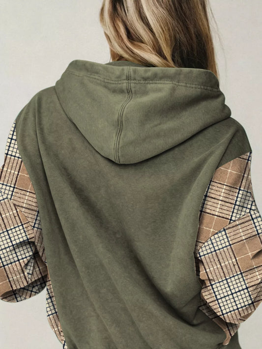 Plaid Sleeve Drawstring Pocket Hoodie - Sage - View 2
