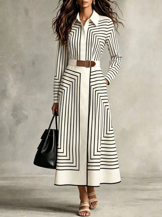Geometric Striped Midi Shirt Dress - White - View 2